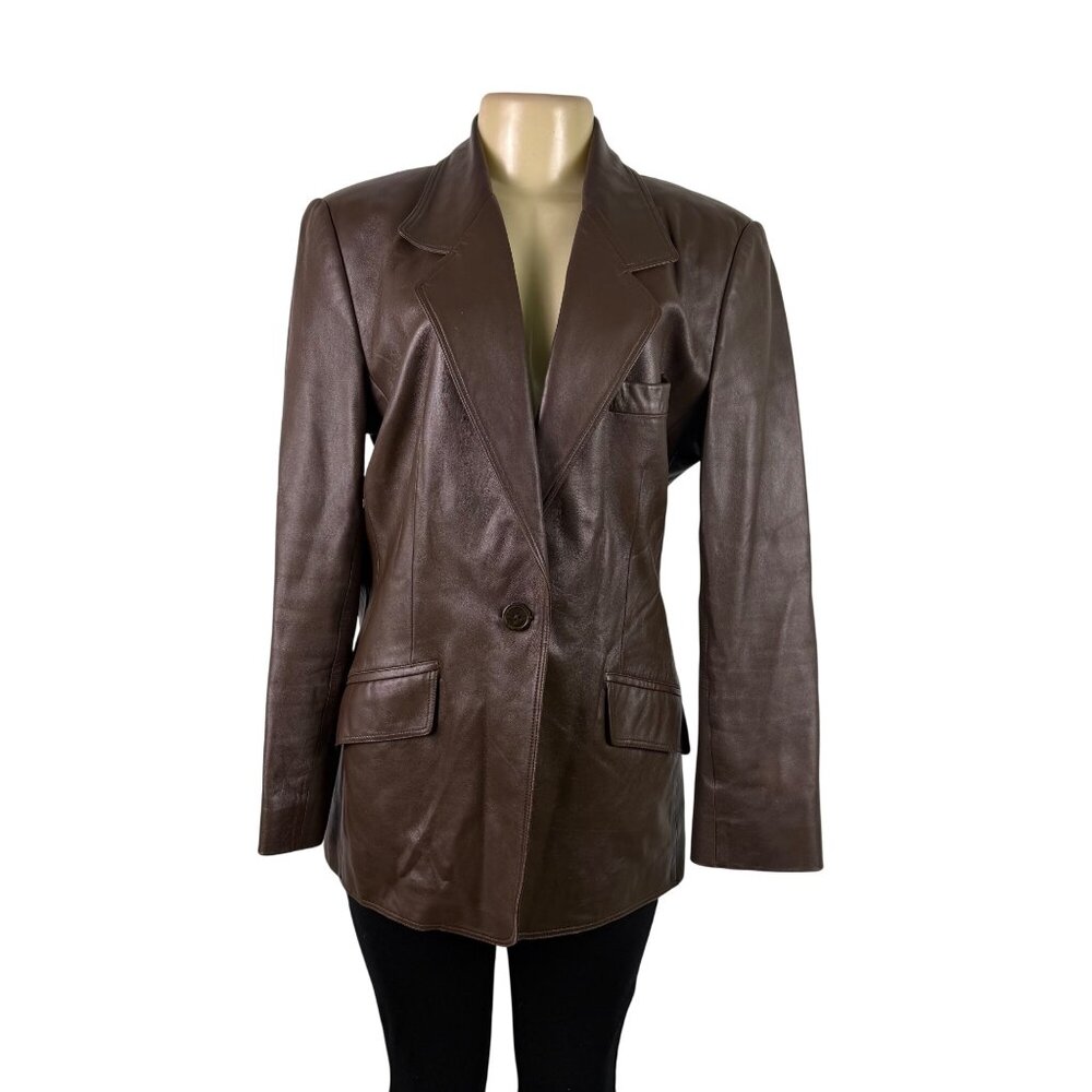 Ellen Tracy Womens Brown Leather Blazer Jacket Single-Button Closure Size 12